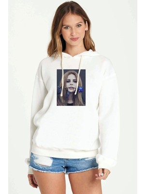 Qivi Lana Del Rey Baskılı Kadın Örme Kapüşonlu Beyaz Sweatshirt Uzun Kol