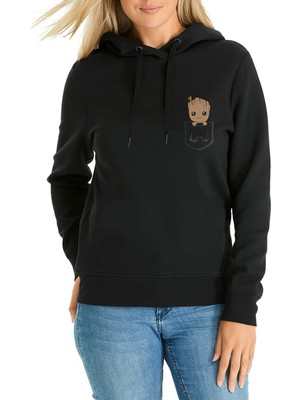 Qivi Groot Baby Cep Baskılı Siyah Kadın Örme Kapşonlu Sweatshirt Uzun Kol