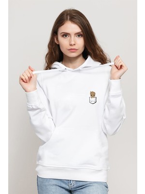 Qivi Groot Baby Cep Baskılı Beyaz Kadın Örme Kapşonlu Sweatshirt Uzun Kol