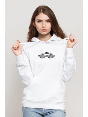 Qivi Arctic Monkeys Baskılı Beyaz Kadın Örme Kapşonlu Sweatshirt Uzun Kol