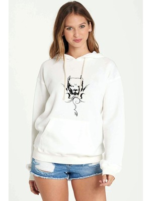 Qivi Pitbull Germany Baskılı Beyaz Kadın Örme Kapşonlu Sweatshirt Uzun Kol