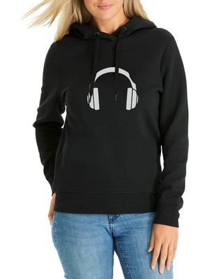 Qivi Kulaklık Baskılı Siyah Kadın Örme Kapşonlu Sweatshirt Uzun Kol