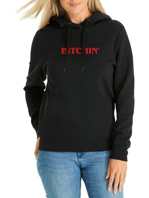 Qivi Stanger Things Bitchin' Baskılı Siyah Kadın Örme Kapşonlu Sweatshirt Uzun Kol