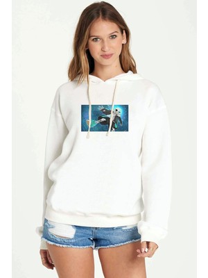 Qivi Underswap Sans Baskılı Beyaz Kadın Örme Kapşonlu Sweatshirt Uzun Kol