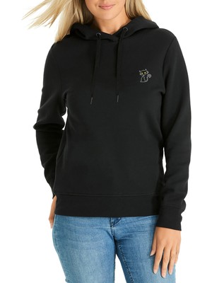 Qivi Kara Kedi Baskılı Siyah Kadın Örme Kapşonlu Sweatshirt Uzun Kol