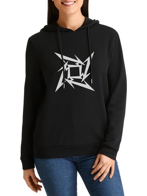 Qivi Metallica Logo Müzik Baskılı Siyah Kadın Örme Kapşonlu Sweatshirt Uzun Kol