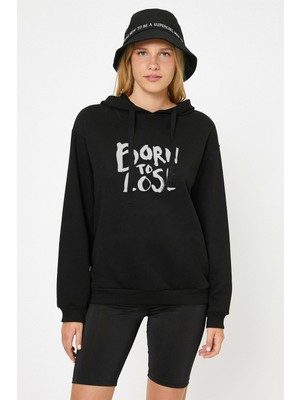 Qivi Born To Lose Baskılı Siyah Kadın Örme Kapşonlu Sweatshirt Uzun Kol