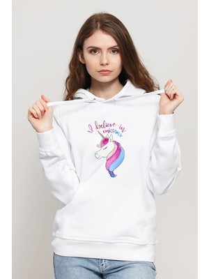 Qivi I Don't Believe In Humans Baskılı Beyaz Kadın Örme Kapşonlu Sweatshirt Uzun Kol