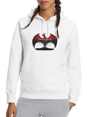 Qivi Dragon Age Iı Baskılı Beyaz Kadın Örme Kapüşonlu Sweatshirt Uzun Kol