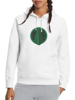 Qivi Arrow Logo Classic Baskılı Beyaz Kadın Örme Kapşonlu Sweatshirt Uzun Kol
