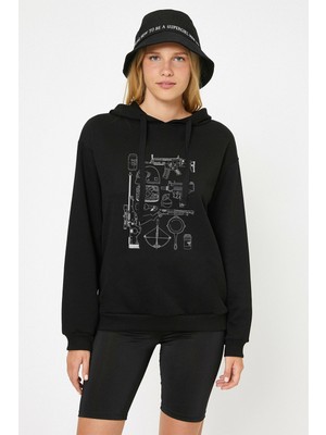 Qivi Pubg Pubg Envanter Baskılı Siyah Kadın Örme Kapşonlu Sweatshirt Uzun Kol