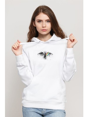 Qivi Pınk Floyd Prısm Logo Bırd Spray Baskılı Beyaz Kadın Örme Kapşonlu Sweatshirt Uzun Kol