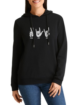 Qivi Peace Love Rock Baskılı Siyah Kadın Örme Kapşonlu Sweatshirt Uzun Kol