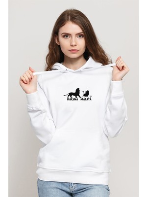 Qivi Hakuna Matata Baskılı Beyaz Kadın Örme Kapşonlu Sweatshirt Uzun Kol