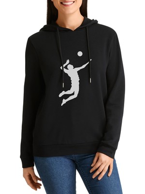 Qivi Silhouette Volleyball Baskılı Siyah Kadın Örme Kapşonlu Sweatshirt Uzun Kol
