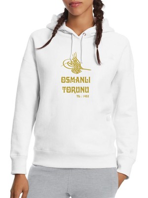 Qivi Osmanlı Torunu Tugra 1453 Baskılı Beyaz Kadın Örme Kapşonlu Sweatshirt Uzun Kol