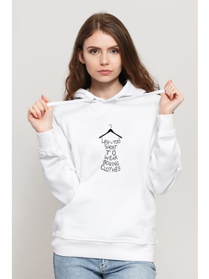 Qivi Life Is Too Short To Wear Boring Baskılı Beyaz Kadın Örme Kapşonlu Sweatshirt Uzun Kol