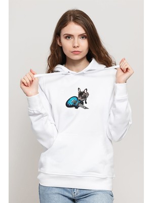 Qivi French Bull Dog Guitar Amplifier Baskılı Beyaz Kadın Örme Kapşonlu Sweatshirt Uzun Kol