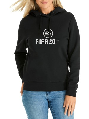 Qivi Fıfa 2020 Baskılı Siyah Kadın Örme Kapşonlu Sweatshirt Uzun Kol