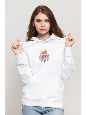 Qivi Grease Baskılı Beyaz Kadın Örme Kapşonlu Sweatshirt Uzun Kol