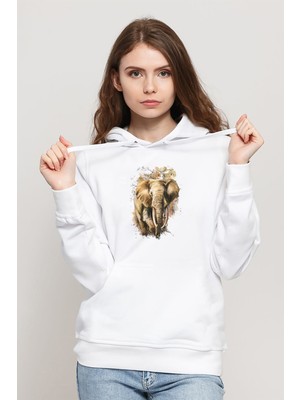 Qivi Watercolor Elephant Baskılı Kadın Örme Kapüşonlu Beyaz Sweatshirt Uzun Kol