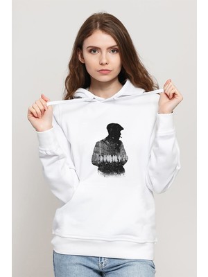 Qivi Peaky Blinders Tommy Shelby Gölge Baskılı Beyaz Kadın Örme Kapşonlu Sweatshirt Uzun Kol