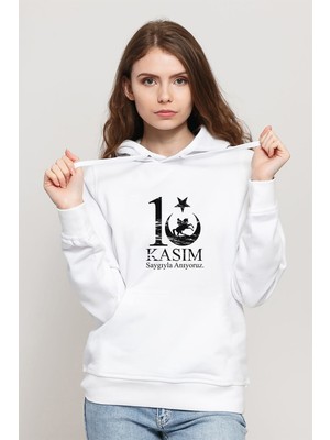 Qivi 10 Kasım Sonsuzluk ve Silüet Baskılı Beyaz Kadın Örme Kapşonlu Sweatshirt Uzun Kol