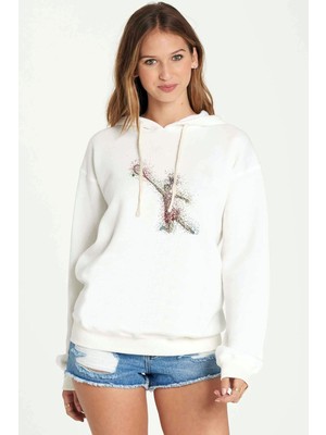 Qivi Tennie Mozaik Sanat Oynayan Kişi Baskılı Beyaz Kadın Örme Kapşonlu Sweatshirt Uzun Kol