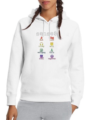 Qivi Sense8 Minimalist Symbols & Name Colour Baskılı Beyaz Kadın Örme Kapşonlu Sweatshirt Uzun Kol