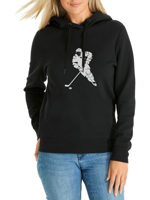 Qivi Silhouette Ice Hockey Baskılı Siyah Kadın Örme Kapşonlu Sweatshirt Uzun Kol