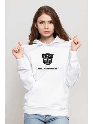 Qivi Transformers Baskılı Beyaz Kadın Örme Kapşonlu Sweatshirt Uzun Kol