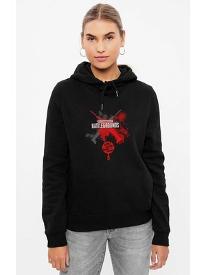 Qivi Pubg Kırmızı Tava Baskılı Siyah Kadın Örme Kapşonlu Sweashirt Uzun Kol