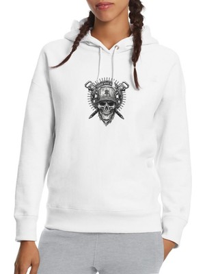 Qivi Terror Noise Division Baskılı Beyaz Kadın Örme Kapşonlu Sweatshirt Uzun Kol