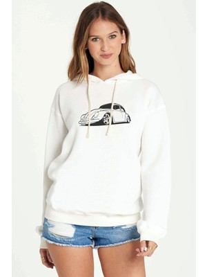Qivi Wv Beetle Vector Baskılı Beyaz Kadın Örme Kapşonlu Sweatshirt Uzun Kol