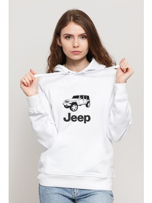 Qivi Jeep Baskılı Beyaz Kadın Örme Kapşonlu Sweatshirt Uzun Kol