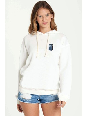 Qivi Doctor Who Tardis Baskılı Beyaz Kadın Örme Kapşonlu Sweatshirt Uzun Kol