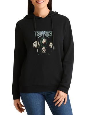 Qivi Escape The Fate Baskılı Siyah Kadın Örme Kapşonlu Sweashirt Uzun Kol