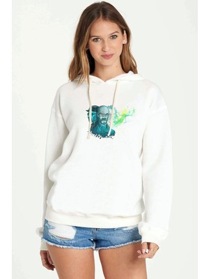 Qivi Breaking Bad 2 Baskılı Beyaz Kadın Örme Kapşonlu Sweatshirt Uzun Kol