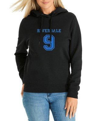 Qivi Riverdale 9 Baskılı Siyah Kadın Örme Kapşonlu Sweatshirt Uzun Kol