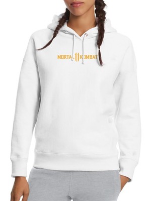 Qivi Mortal Kombat 11 Logo Baskılı Beyaz Kadın Örme Kapşonlu Sweatshirt Uzun Kol