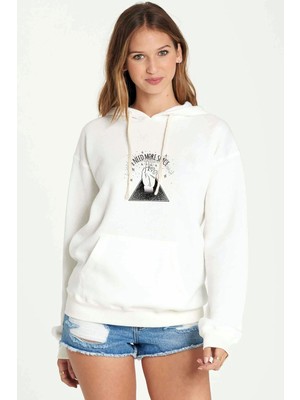 Qivi I Need More Space Baskılı Beyaz Kadın Örme Kapşonlu Sweatshirt Uzun Kol