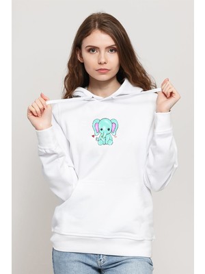 Qivi Kawaii Baby Elephants Baskılı Beyaz Kadın Örme Kapşonlu Sweatshirt Uzun Kol
