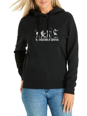 Qivi Pubg Pubg Evolıtıon Baskılı Siyah Kadın Örme Kapşonlu Sweatshirt Uzun Kol
