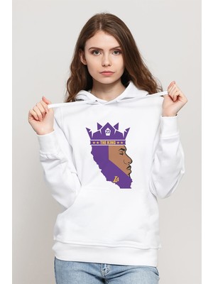 Qivi The King 23 La Basketbol Baskılı Beyaz Kadın Örme Kapşonlu Sweatshirt Uzun Kol
