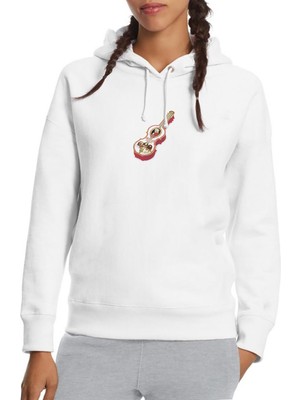 Qivi Mozart Keman Geige Baskılı Beyaz Kadın Örme Kapşonlu Sweatshirt Uzun Kol