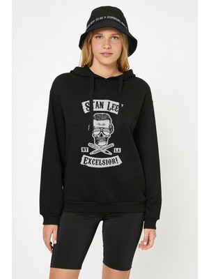 Qivi Marvel Stan Lee Excelsion Rock Metal Baskılı Siyah Kadın Örme Kapşonlu Sweashirt Uzun Kol