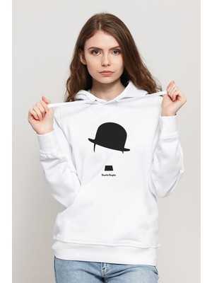 Qivi Chaplin Comic Charlıe Chaplın Baskılı Beyaz Kadın Örme Kapşonlu Sweatshirt Uzun Kol