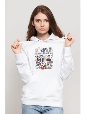 Qivi Riverdale Karm Draw Baskılı Kadın Örme Kapüşonlu Beyaz Sweatshirt Uzun Kol
