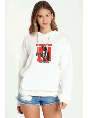 Qivi Magnum Force Clint Eastwood Baskılı Beyaz Kadın Örme Kapşonlu Sweatshirt Uzun Kol
