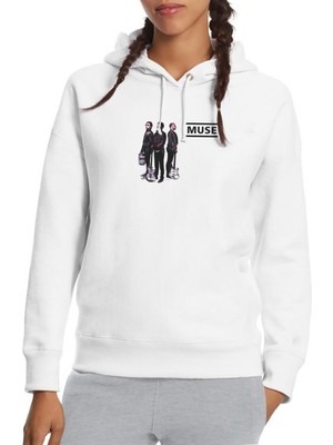 Qivi Muse Band Metal Rock Music Müzik Baskılı Beyaz Kadın Örme Kapşonlu Sweatshirt Uzun Kol